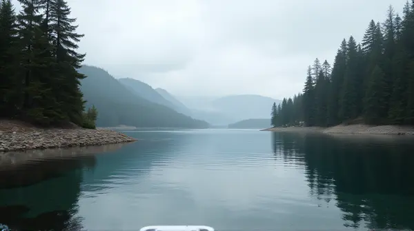 Calm water bordered by tall evergreen trees and rocky shore under a cloudy sky from a low angle.