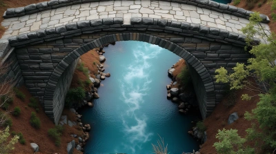 Stone Arch Bridge Over Winding Blue Stream