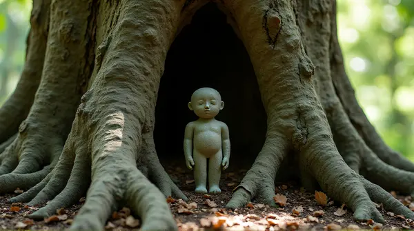 Stone Figurine Nestled in Tree Hollow with Light