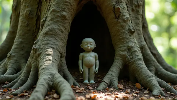 Stone Figurine Nestled in Tree Hollow with Light