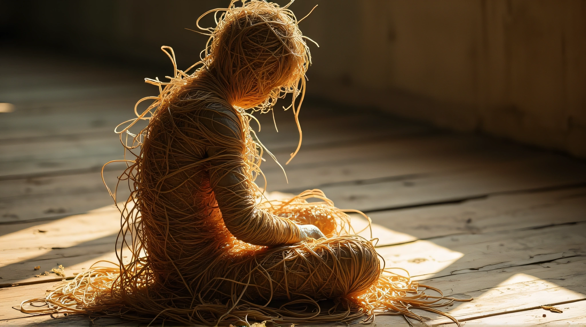 Straw Fiber Sculpture On Textured Wooden Floor