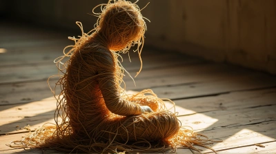 Straw Fiber Sculpture On Textured Wooden Floor