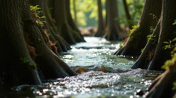Stream Flowing Between Tall Tree Trunks In Sunlight