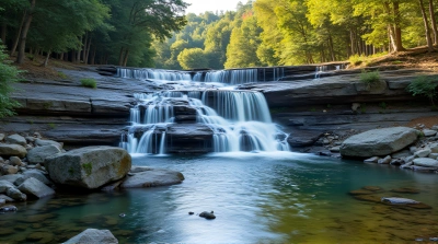 Streams Flowing Over Layered Rocks Into Clear Pool