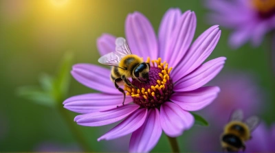 Striped Bee On Violet Blossom In Sunlight