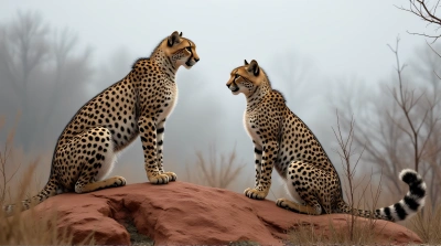 Striped Big Cats On Rugged Earth Outcrop