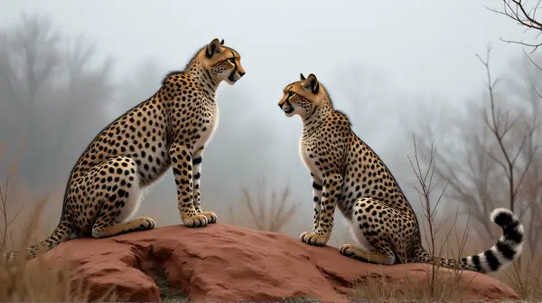 Two large striped big cats sitting on a rugged earthen outcrop with dry leaves and mist in the background.