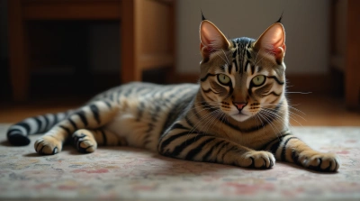 Striped Cat Lying on Textured Rug Under Soft Light