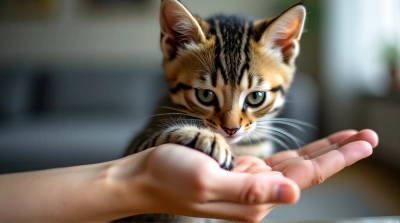 Striped Cat Paw Meets Human Palm Indoor Moment