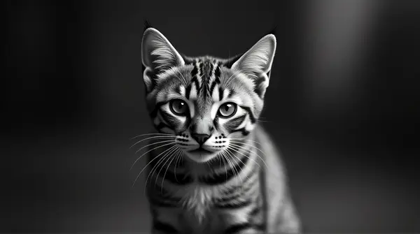 Monochrome close-up portrait of a striped cat with sharp fur details and focused eyes against a blurred background.