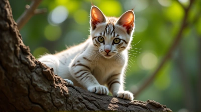Striped Cat Resting on Rustic Bark in Sunlight