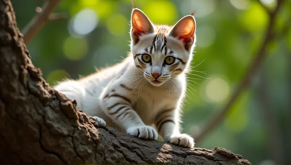 Striped Cat Resting on Rustic Bark in Sunlight