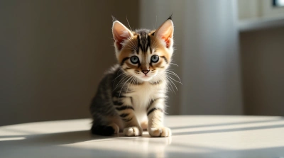 Striped Kitten Posing On Smooth Surface