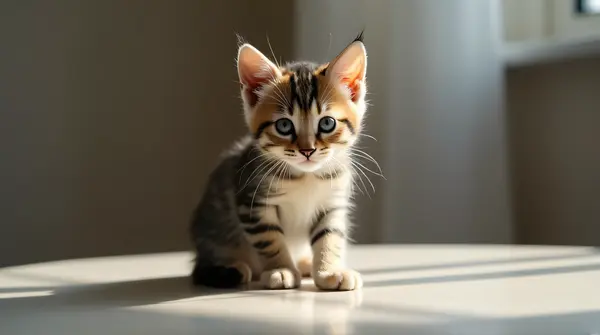 Small striped kitten perched on a smooth surface with soft shadows and blurred background.