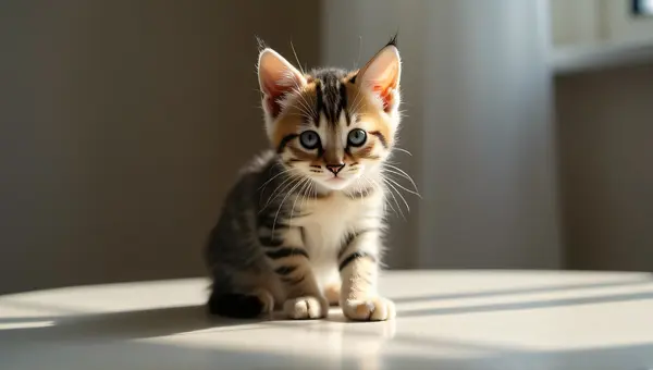 Striped Kitten Posing On Smooth Surface