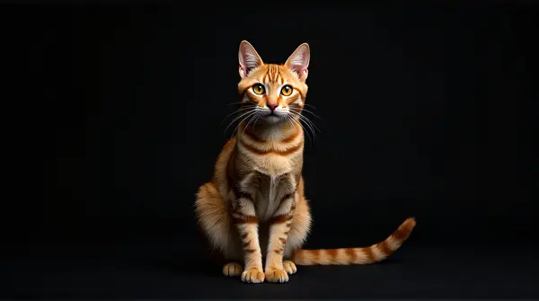 Striped tawny cat with amber eyes perched gracefully against a dark backdrop with soft lighting