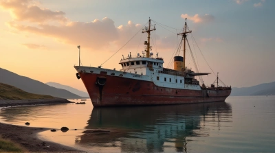 Submerged Shipwreck At Dusk With Calm Water Reflection