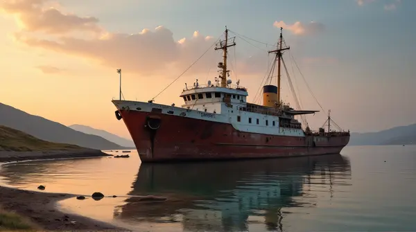 Partially submerged ship resting on coastline at dusk with calm water reflecting warm amber light and low hills in background.