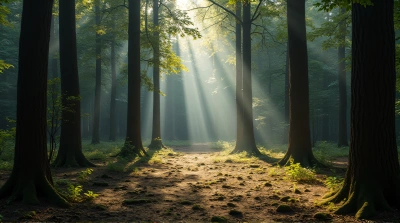 Sunbeam Illuminating Woodland Clearing With Tree Trunks
