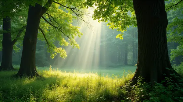 Sunbeams Casting Shadows In Woodland Canopy
