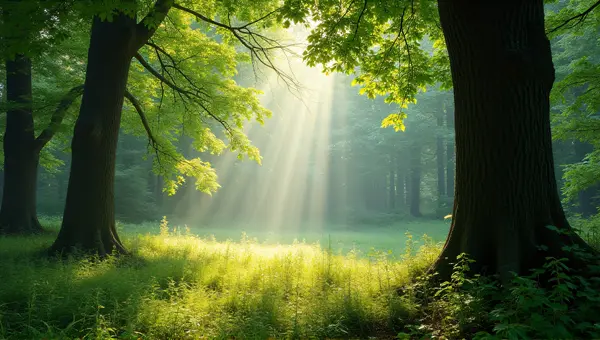 Sunbeams Casting Shadows In Woodland Canopy