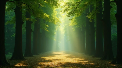 Sunbeams Through Tall Trees Illuminating Green Canopy