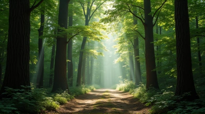 Sunlight Patterns On Dense Tree Branches And Woodland Floor