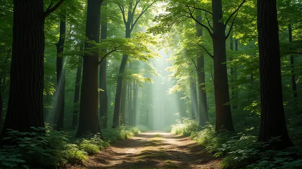 Sunlight creates dappled light and shadow patterns on the uneven woodland floor beneath tall, leafy tree branches.