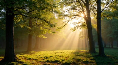 Sunlight Streaming Through Leafy Branches In Woodland