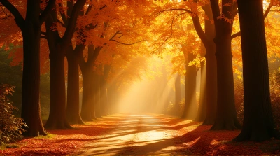 Sunlight Through Amber Trees Along Winding Path