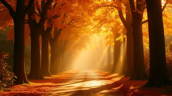 Sunlight filters through tall amber trees casting shadows on a winding path bordered by bright orange and yellow foliage.