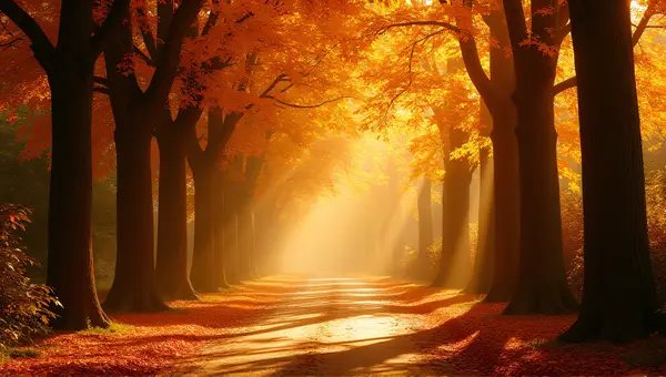 Sunlight Through Amber Trees Along Winding Path