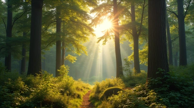 Sunlight Through Tall Canopies In Vibrant Woodland