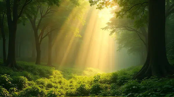 Sunlight streams through tall foliage, brightening lively plants below in early light.