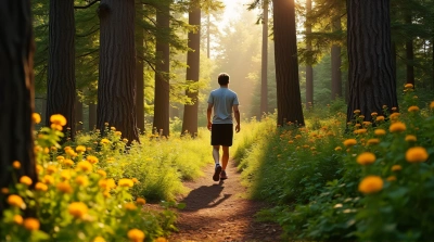 Sunlit Forest Trail With Wildflowers And Hardwood Trees