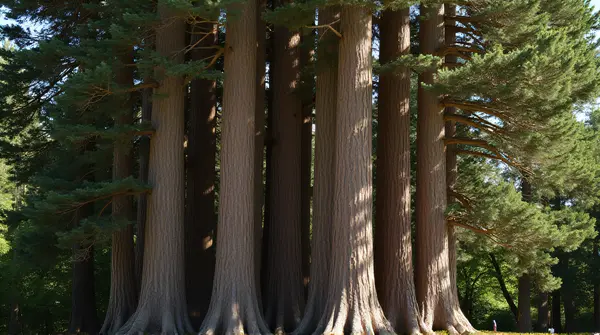 Sunlit Forest Trees With Textured Trunks