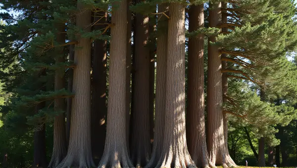 Sunlit Forest Trees With Textured Trunks