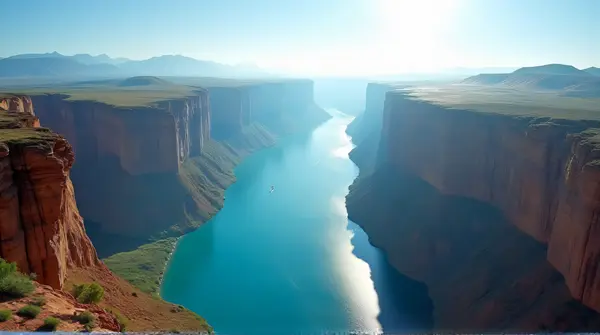 Sunlit Gorge Between Steep Cliffs Under Clear Sky