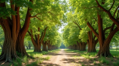 Sunlit Grove With Emerald Leaves And Winding Path