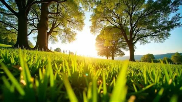 Low-angle view of a sunlit meadow under tall forest trees with a clear sky above.