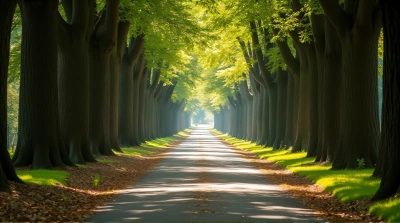Sunlit Narrow Path Through Tall Leafy Trees
