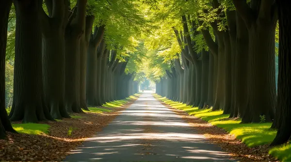 Low angle view of a narrow sunlit path flanked by tall leafy trees stretching into the distance