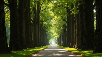 Sunlit Narrow Street Among Towering Hardwood Trees
