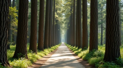 Sunlit Narrow Walkway Among Slender Trees