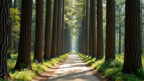 Sunlit Narrow Walkway Among Slender Trees