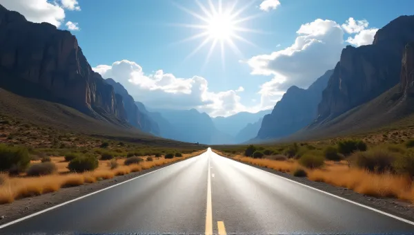 Sunlit Pathway Between Rocky Peaks With Clouds