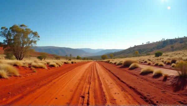 Sunlit Red Soil Hills With Eucalyptus Trees