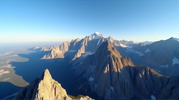 Sunlight illuminates towering rocky peaks with shadows under a clear blue sky.