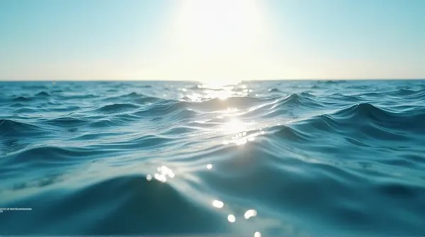 Low angle view of sunlit sea surface with gentle ripples and distant horizon.