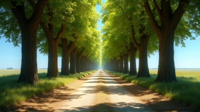 Sunlit Tree Lined Path Under Clear Blue Sky